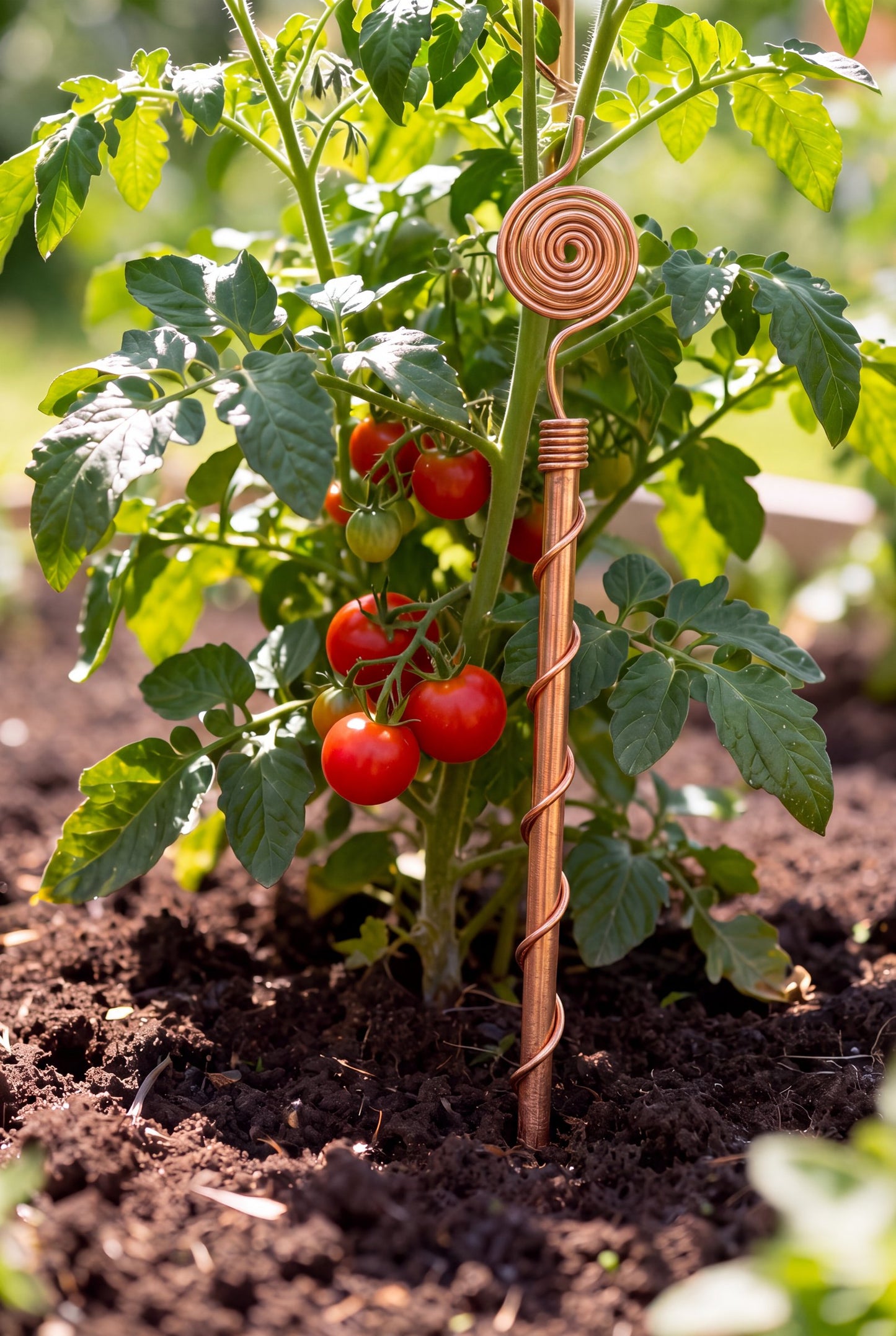Kopero Elektrokultur 30 cm kobberantenne ved en tomatplante i køkkenhaven