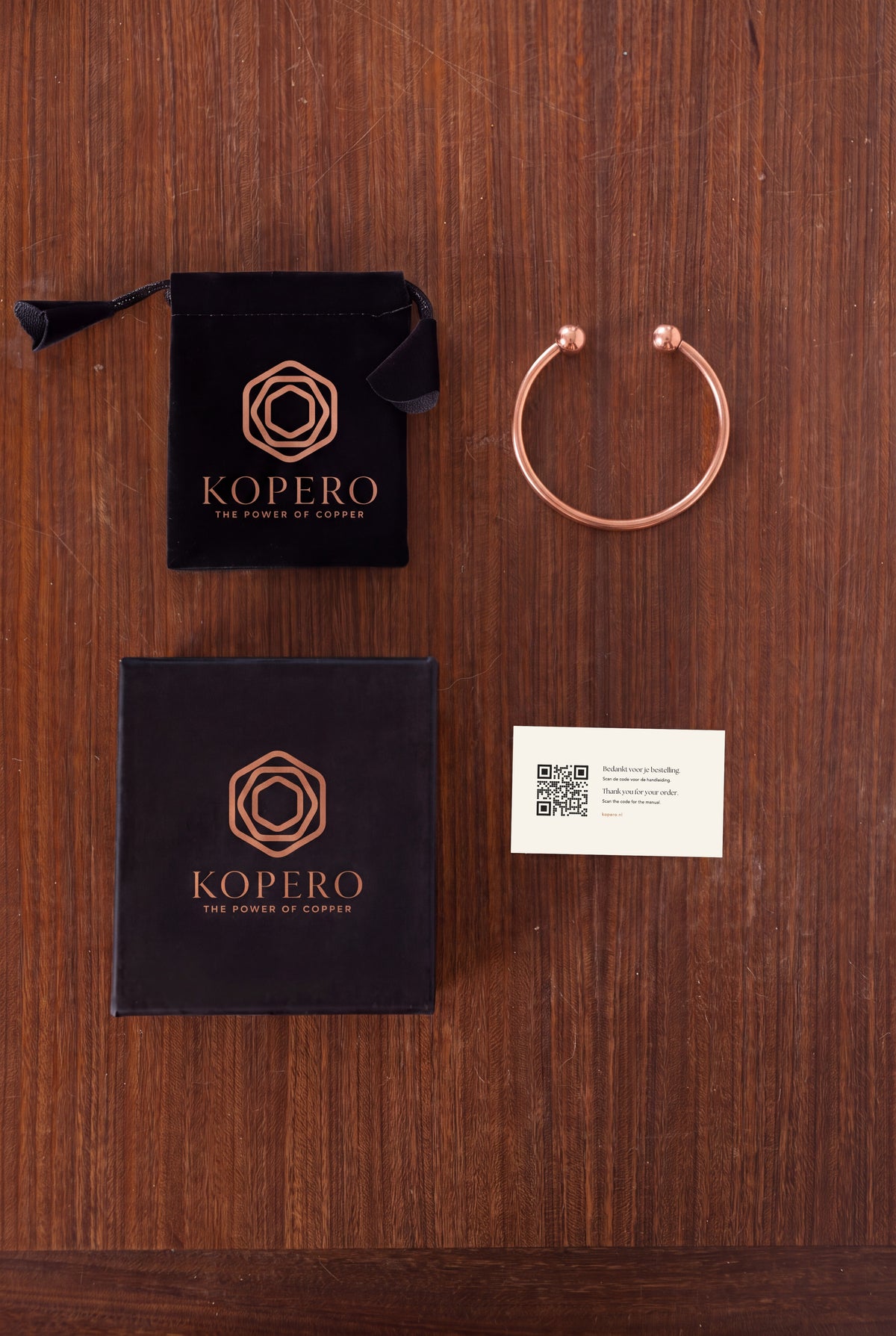 Kopero Premium Kobberarmbånd Rund, med fløjlspose, æske og takkekort